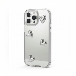 Phone Case For iPhone 15 Pro Max Silicone Clear Hybrid Silver 3D Hearts